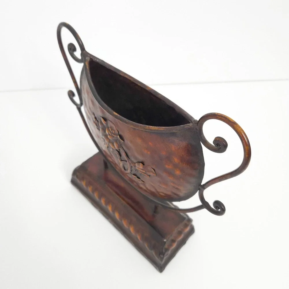 Tuscan Floral & Scroll Brown Hammered Metal Mediterranean Cradle Vase w Handles